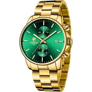 GOLDEN HOUR Men's Gold Green Stainless Steel Chronograph Quartz Watch Waterproof